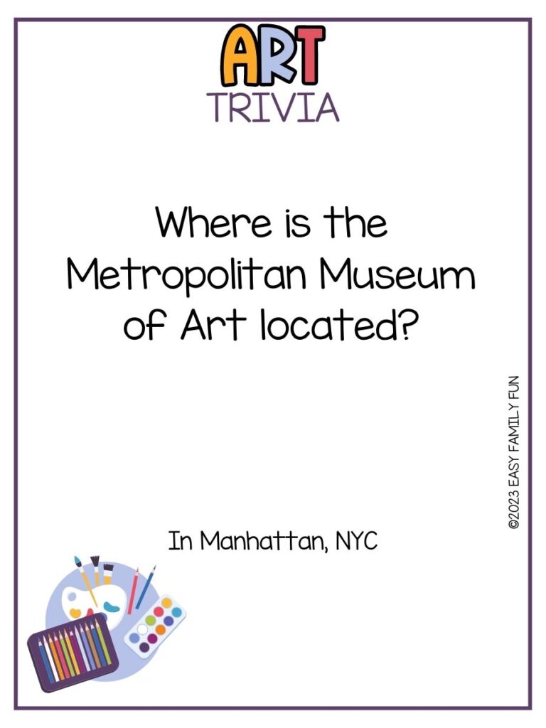 in post image with white background, purple border, bold colorful title that stating "Art Trivia" text of a trivia question and answer and an image of art supplies