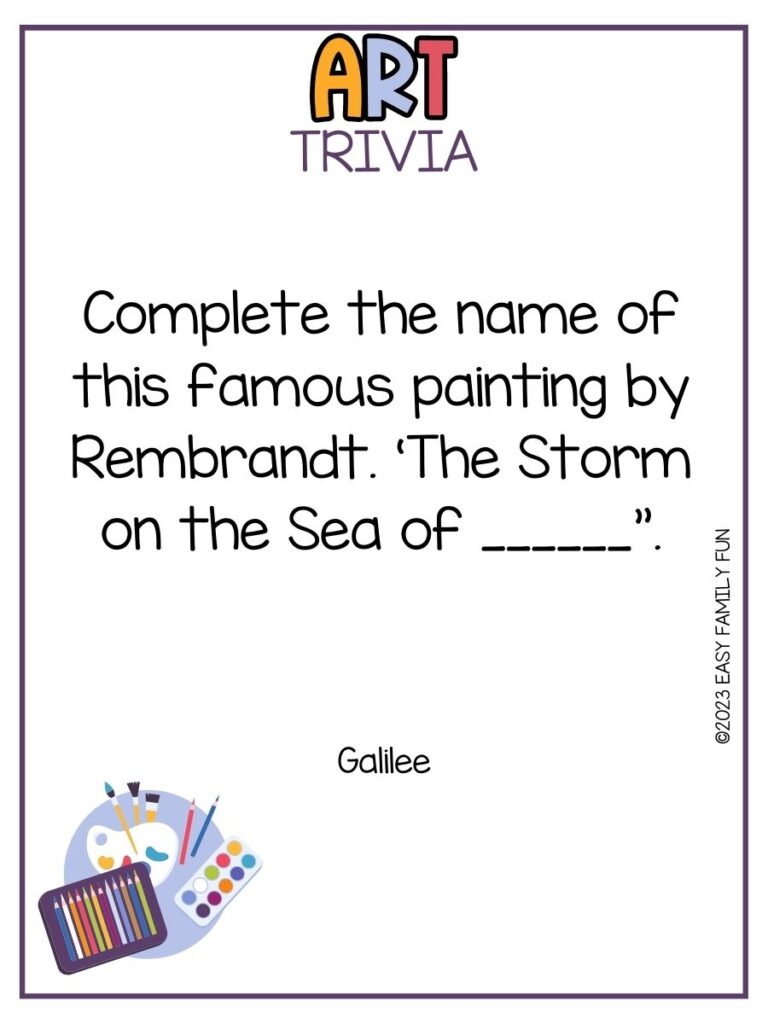 in post image with white background, purple border, bold colorful title that stating "Art Trivia" text of a trivia question and answer and an image of art supplies