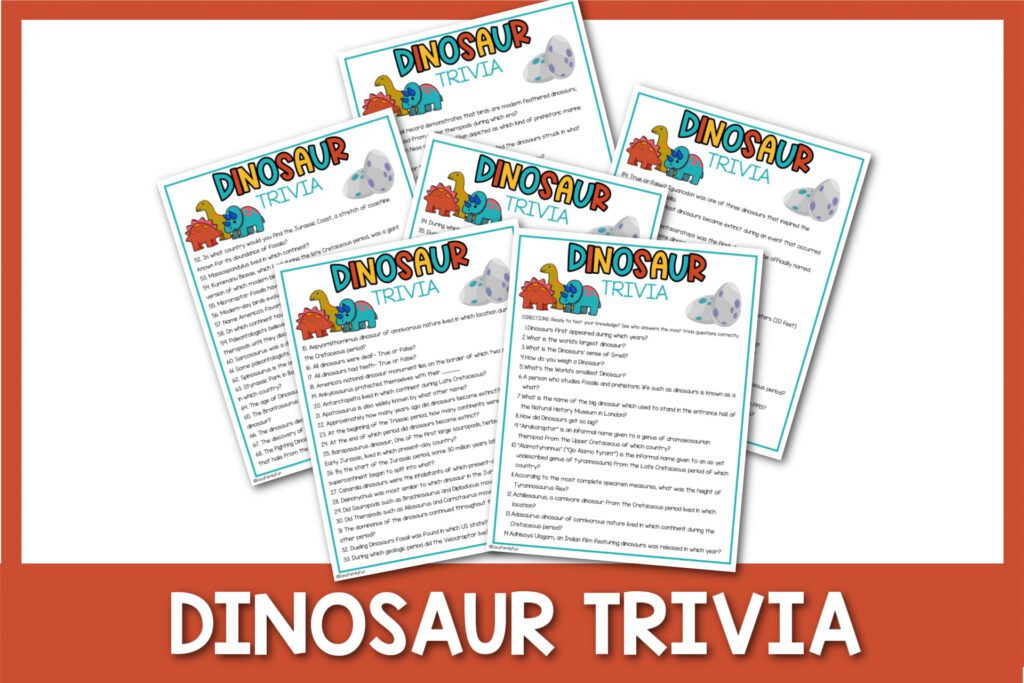 featured image with white background, red border, bold white title stating "Dinosaur Trivia", and images of dinosaur trivia sheets