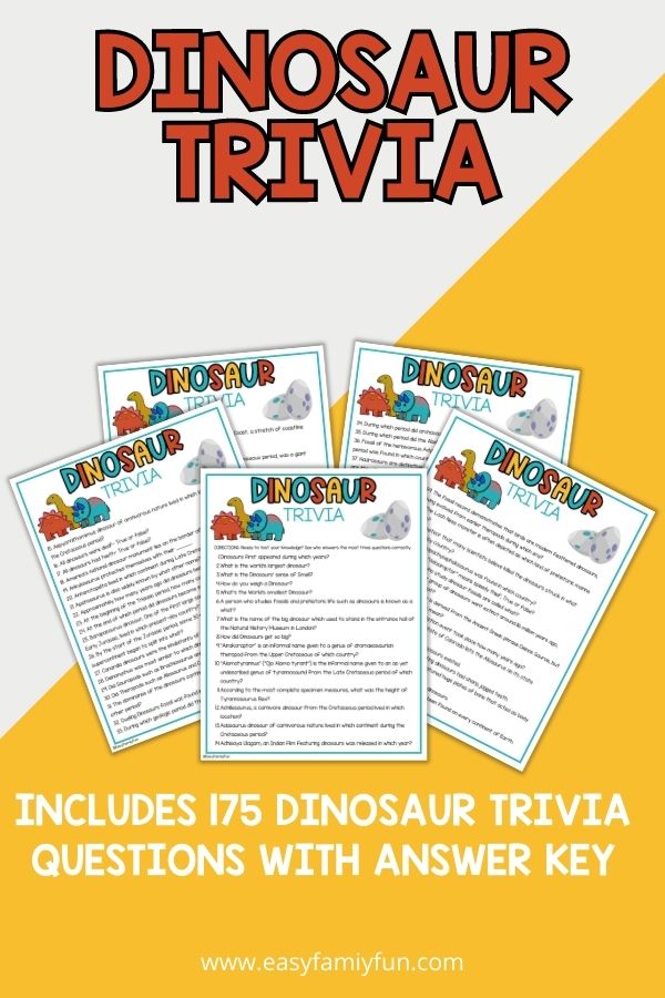 mockup image with grey and yellow background, bold red title stating "Dinosaur trivia", and images of dinosaur trivia sheets