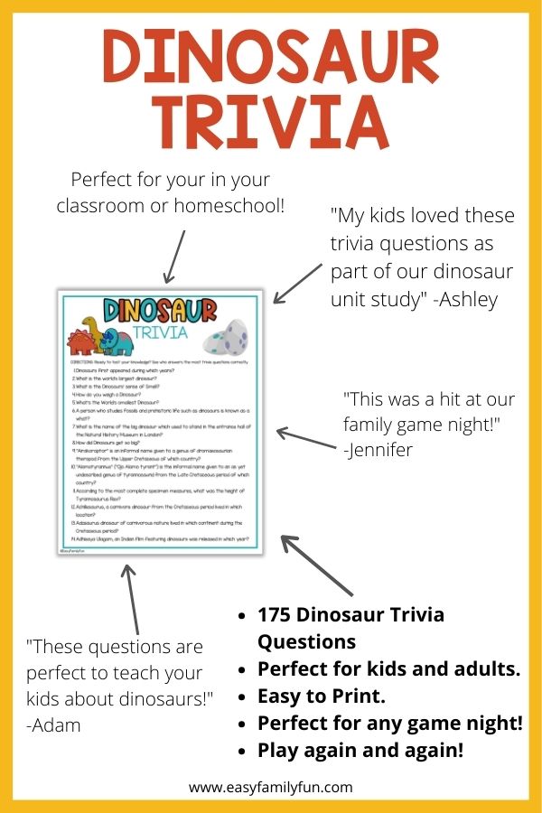 mockup image with white background, bold red title stating "Dinosaur trivia", and images of dinosaur trivia sheets surrounded by reviews. 