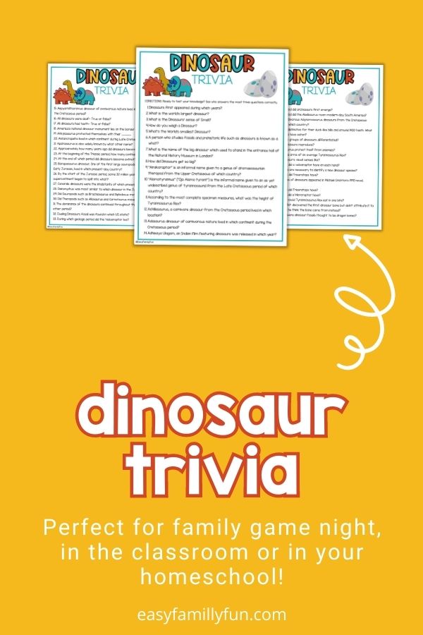 mockup image with yellow background, bold white and red title stating "Dinosaur trivia", and images of dinosaur trivia sheets