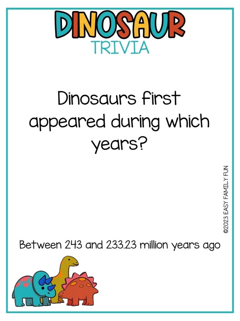 in post image with white background, multicolored title stating "Dinosaur Trivia", text of dinosaur trivia and image of dinosaurs