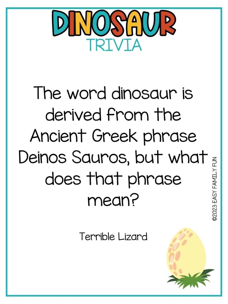 in post image with white background, multicolored title stating "Dinosaur Trivia", text of dinosaur trivia and image of dinosaur egg