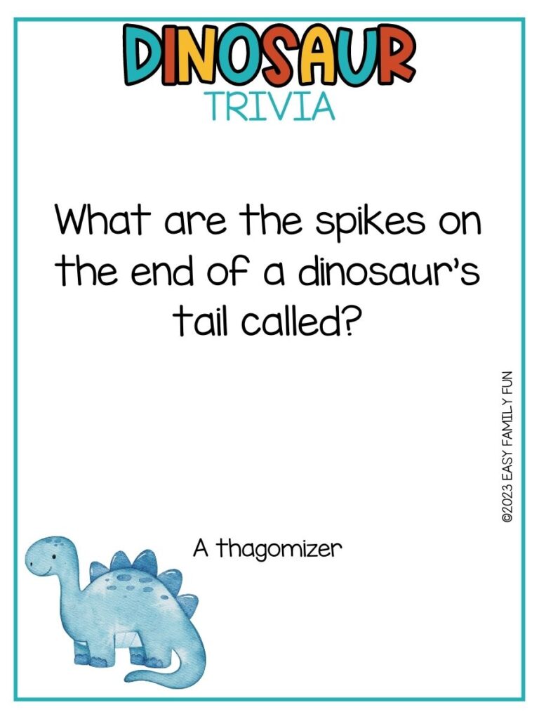 in post image with white background, multicolored title stating "Dinosaur Trivia", text of dinosaur trivia and image of dinosaur