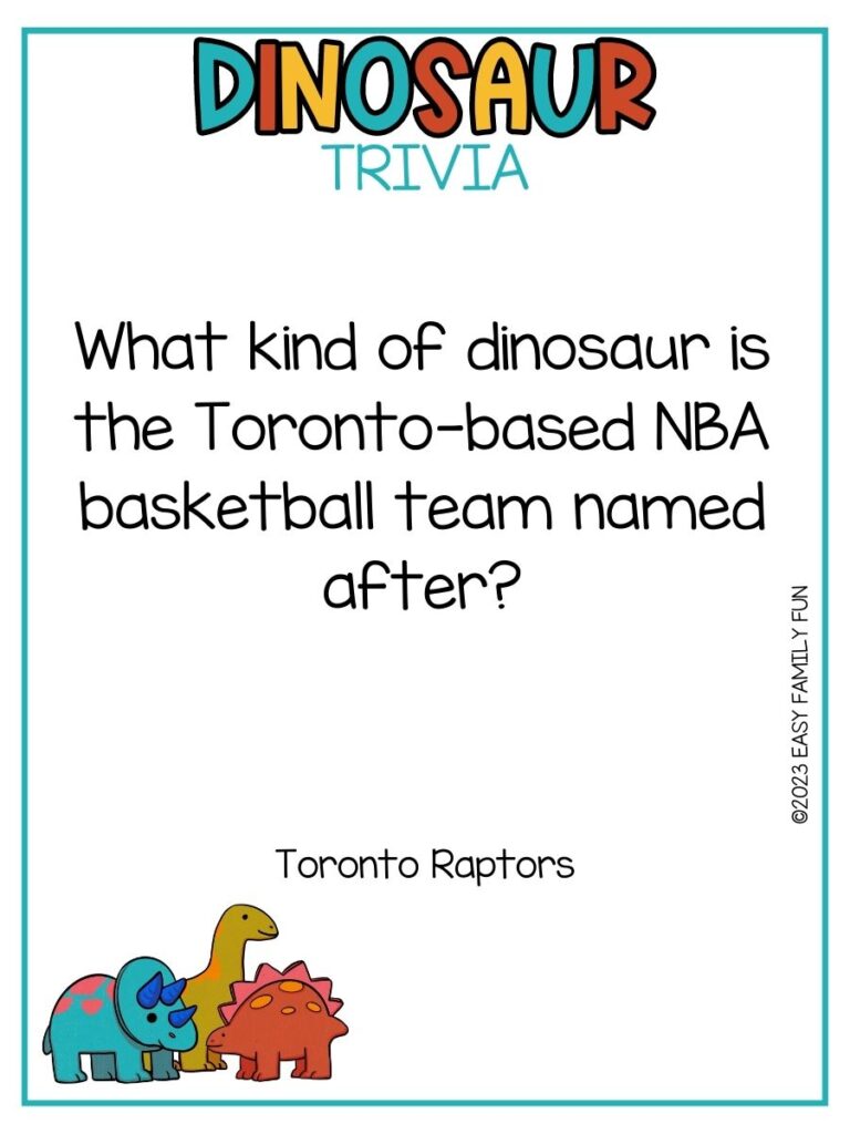in post image with white background, multicolored title stating "Dinosaur Trivia", text of dinosaur trivia and image of dinosaurs
