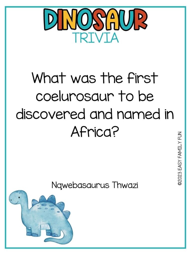 in post image with white background, multicolored title stating "Dinosaur Trivia", text of dinosaur trivia and image of dinosaur