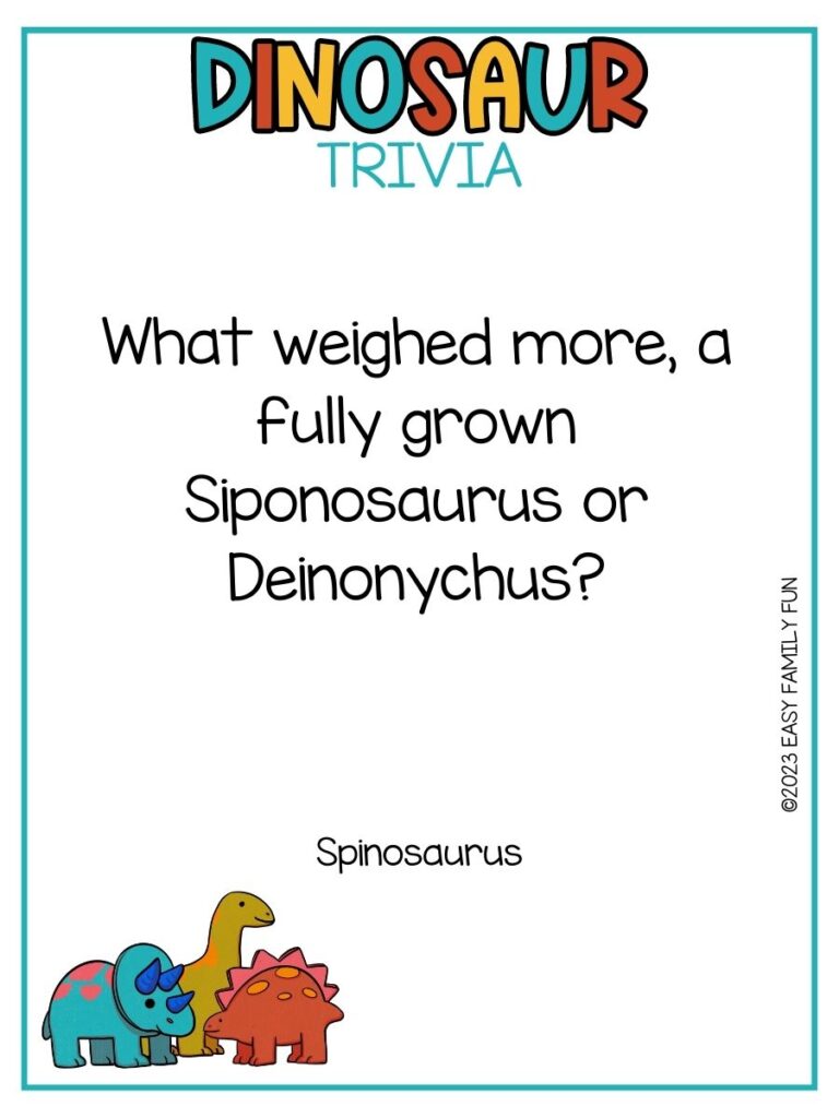 in post image with white background, multicolored title stating "Dinosaur Trivia", text of dinosaur trivia and image of dinosaurs