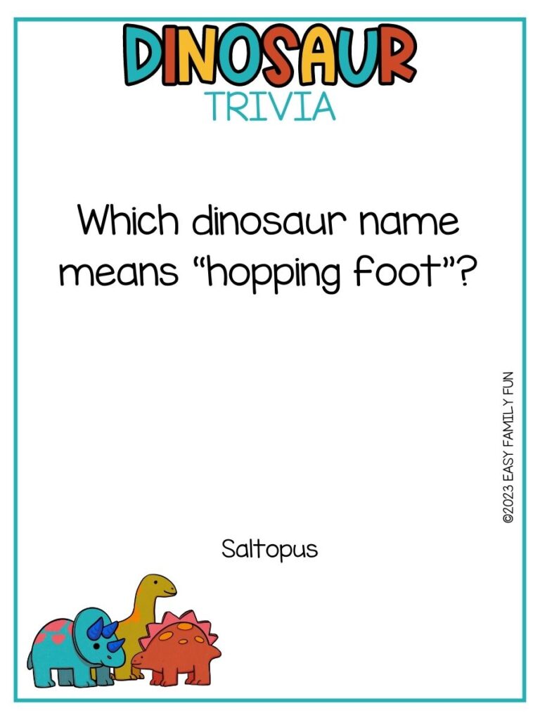 in post image with white background, multicolored title stating "Dinosaur Trivia", text of dinosaur trivia and image of dinosaurs