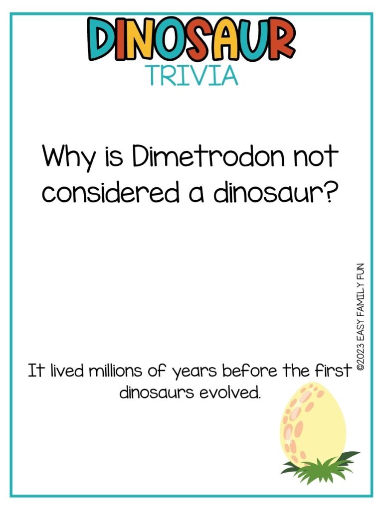 in post image with white background, multicolored title stating "Dinosaur Trivia", text of dinosaur trivia and image of dinosaur egg