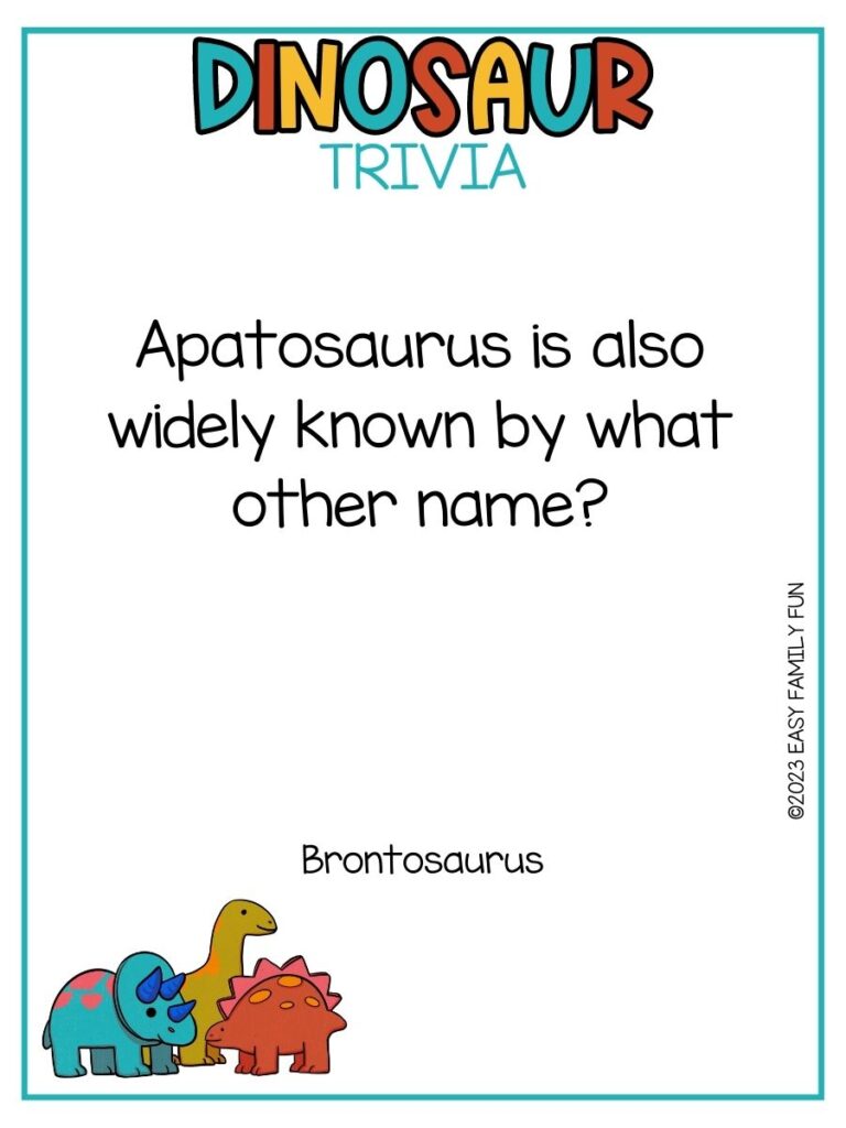 in post image with white background, multicolored title stating "Dinosaur Trivia", text of dinosaur trivia and image of dinosaurs
