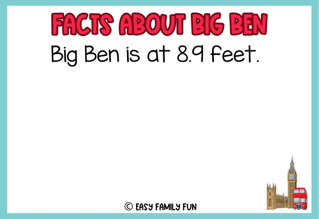 in post image with white background, teal border, bold read title stating "Facts About Big Ben", text of a fact about Big Ben and an image of Big Ben