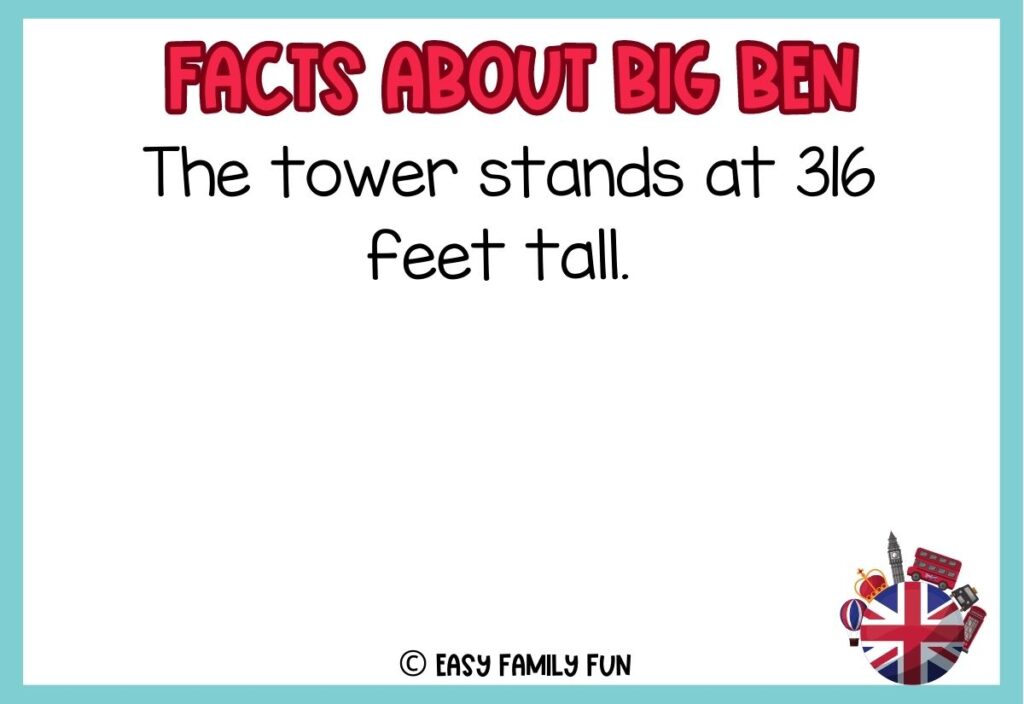 in post image with white background, teal border, bold read title stating "Facts About Big Ben", text of a fact about Big Ben and an image of Big Ben