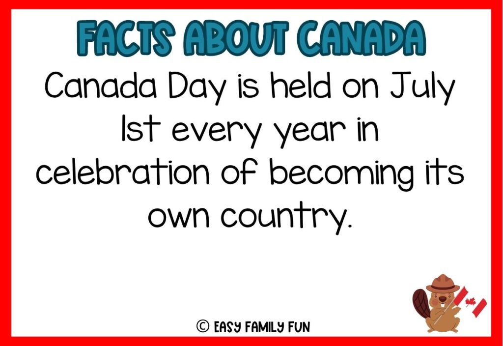 in post image with white background, red border, blue title stating "Facts About Canada", text of a fact about Canada and an image of a beaver with the Canadian flag