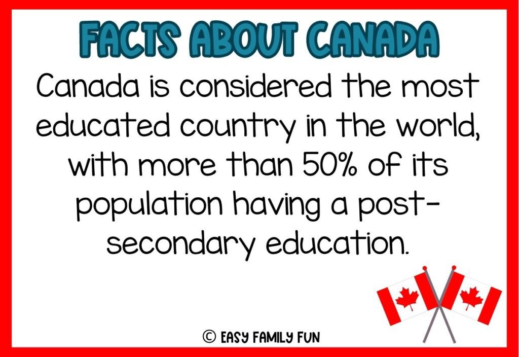 in post image with white background, red border, blue title stating "Facts About Canada", text of a fact about Canada and an image of Canadian flags