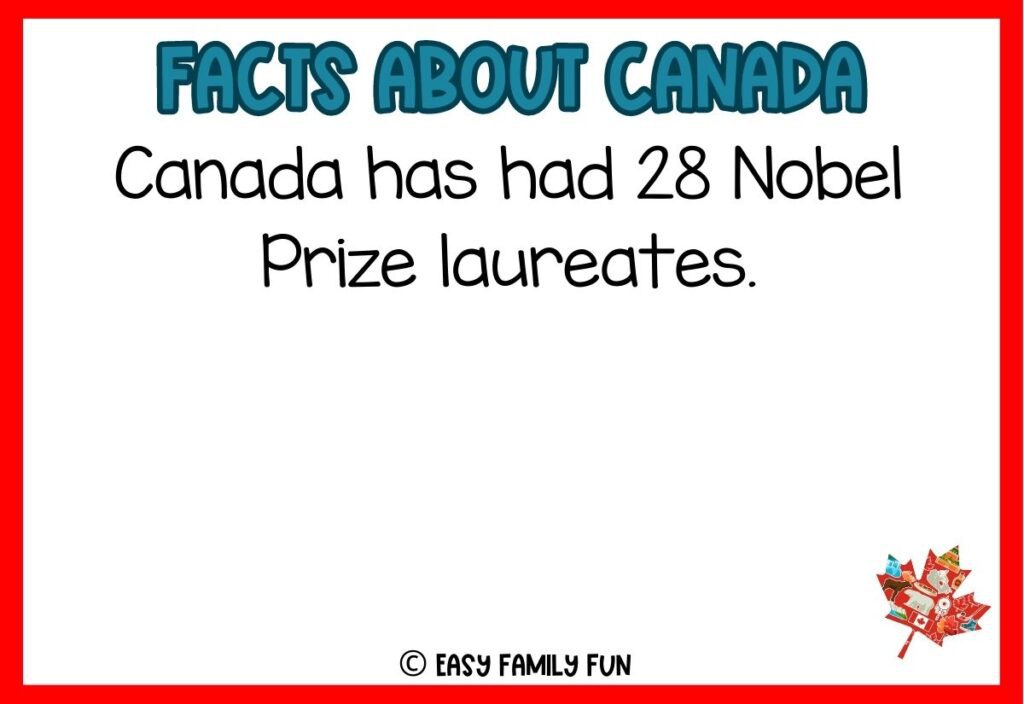 in post image with white background, red border, blue title stating "Facts About Canada", text of a fact about Canada and an image of maple leaf