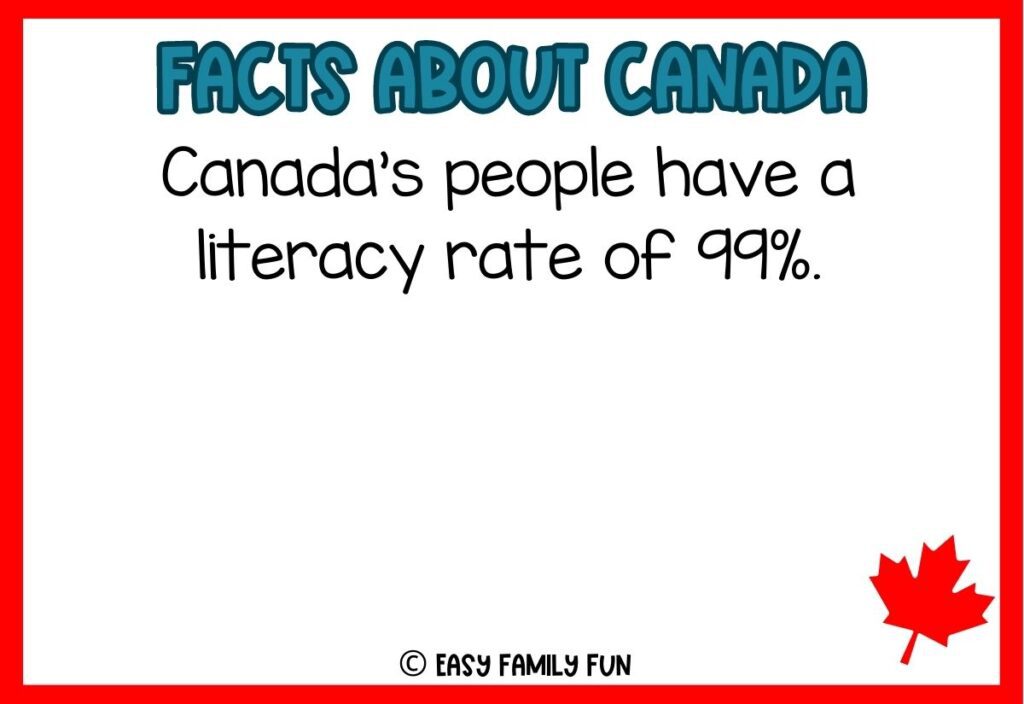 in post image with white background, red border, blue title stating "Facts About Canada", text of a fact about Canada and an image of maple leaf