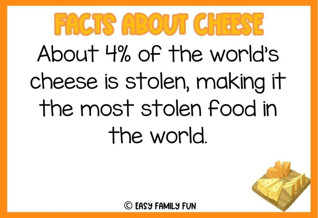 in post image with white background, bold yellow title stating "Facts About Cheese", text of a fact about cheese and an image of a cheese board