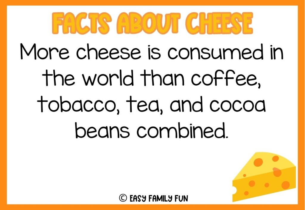 in post image with white background, bold yellow title stating "Facts About Cheese", text of a fact about cheese and an image of cheese