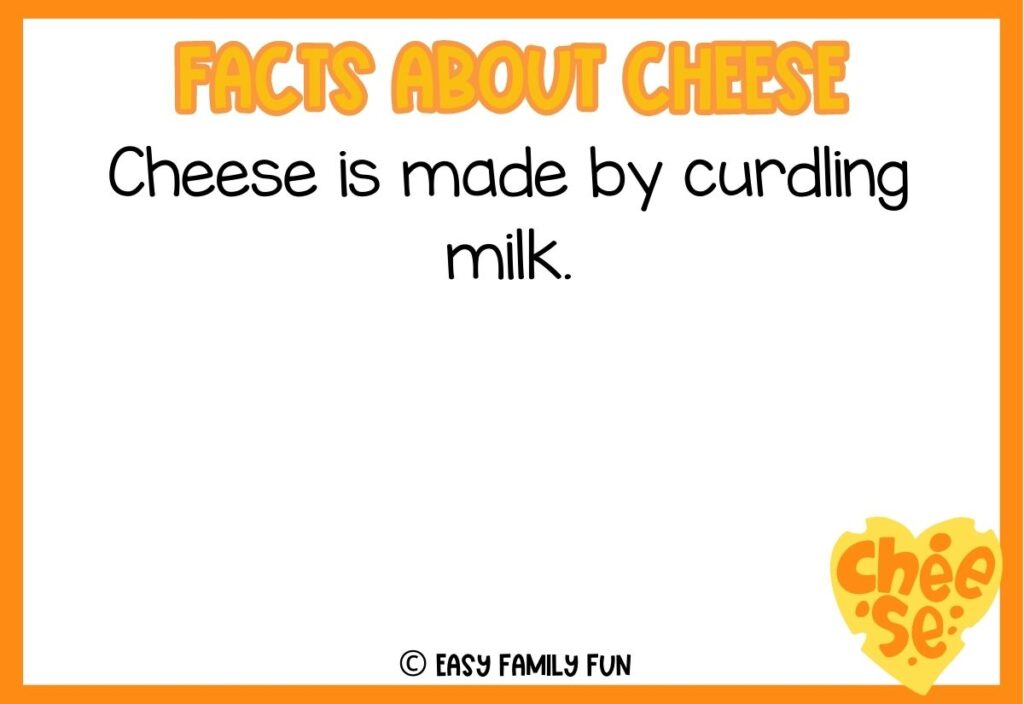 in post image with white background, bold yellow title stating "Facts About Cheese", text of a fact about cheese and an image of cheese