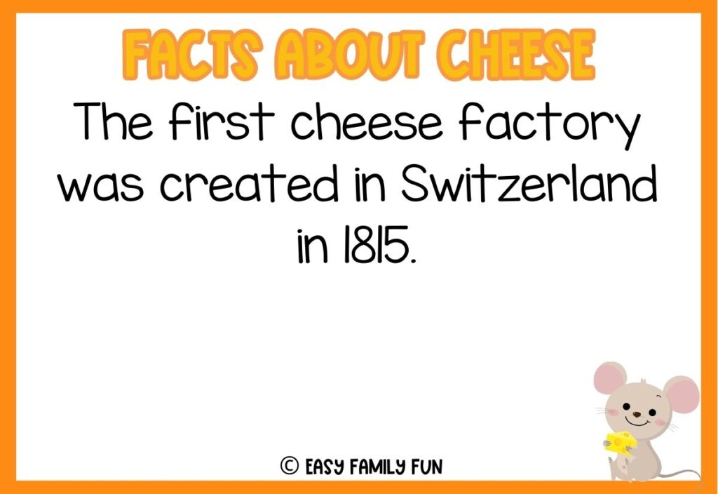 in post image with white background, bold yellow title stating "Facts About Cheese", text of a fact about cheese and an image of a mouse with cheese