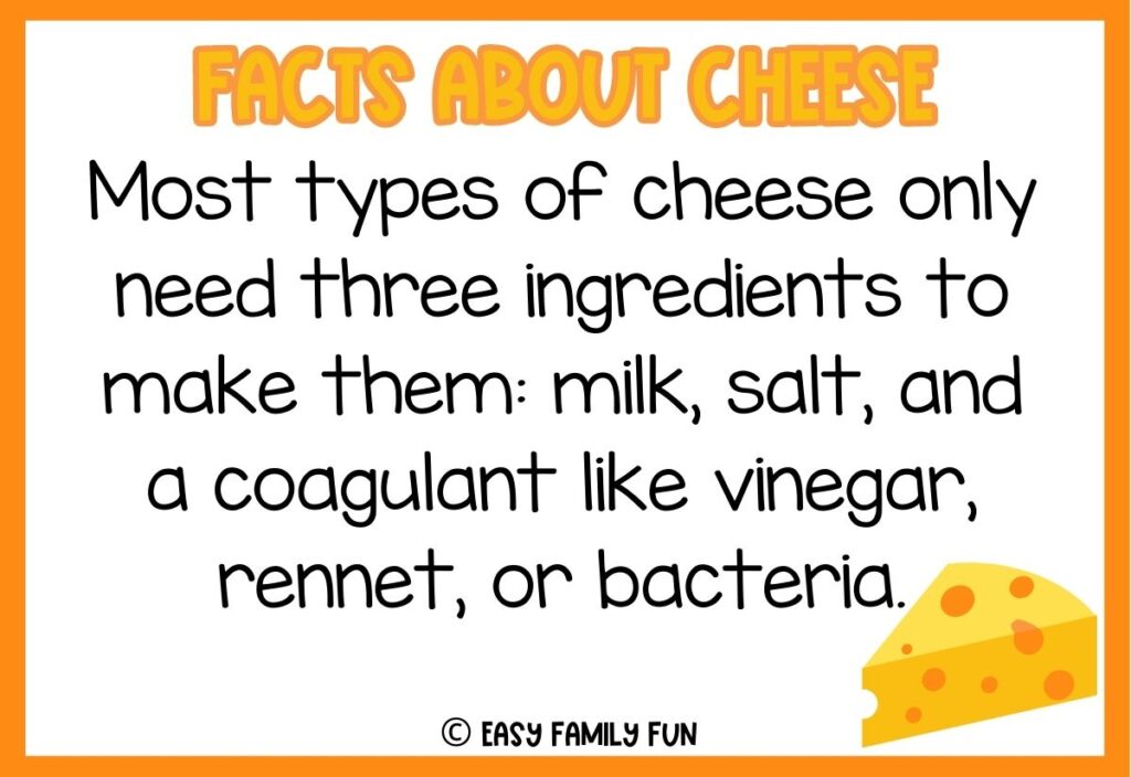 in post image with white background, bold yellow title stating "Facts About Cheese", text of a fact about cheese and an image of cheese