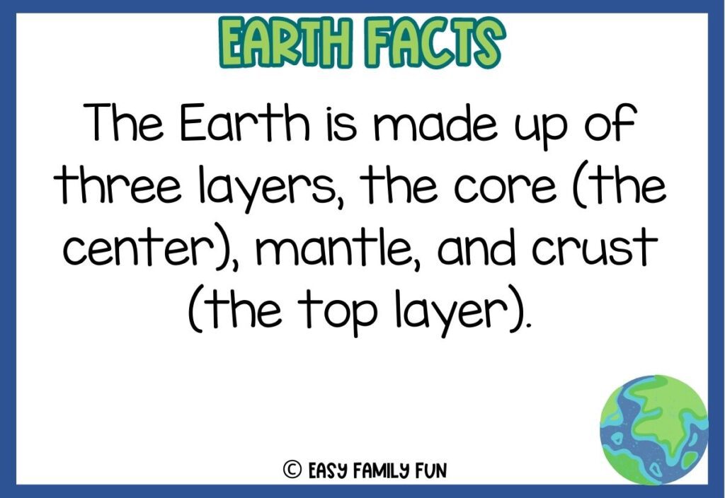 in post image with white background, blue border, green title stating "Earth Facts", text of an earth fact and an image of Earth