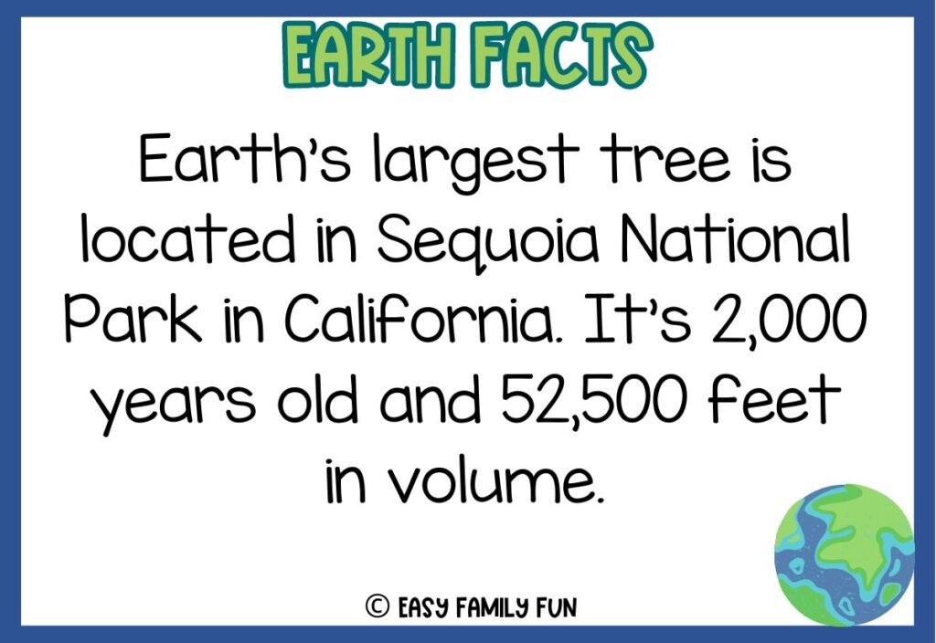 in post image with white background, blue border, green title stating "Earth Facts", text of an earth fact and an image of Earth