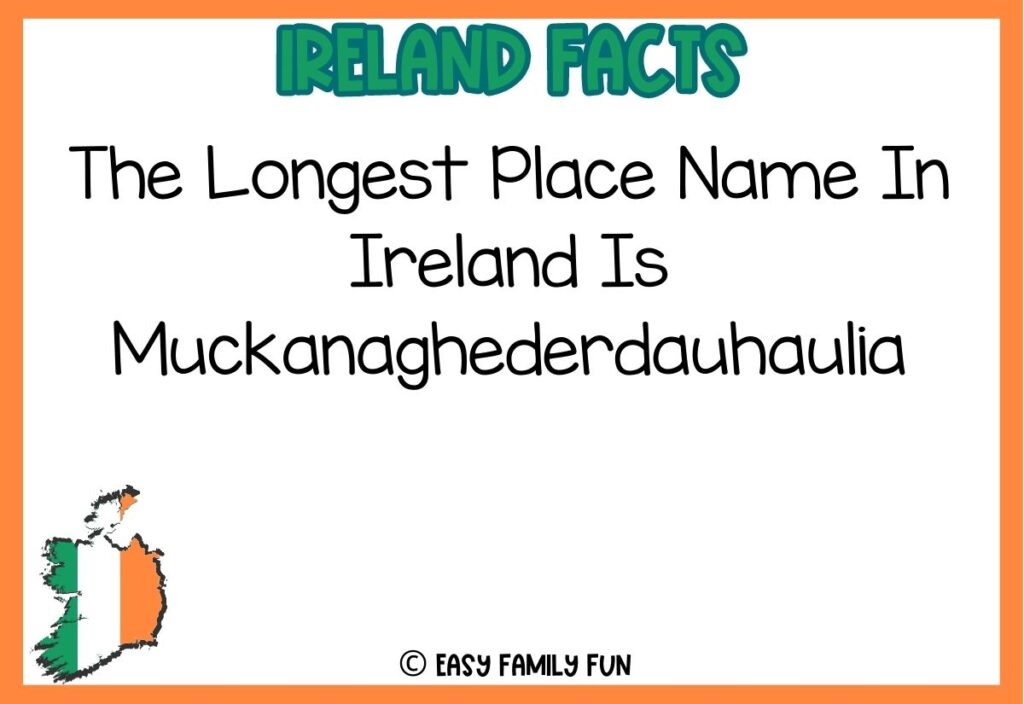 in post image with white background, orange border, bold green title stating "Ireland Facts", fact about ireland text, and an image of Ireland