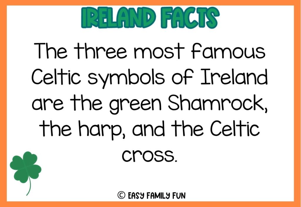 in post image with white background, orange border, bold green title stating "Ireland Facts", fact about ireland text, and an image of a shamrock