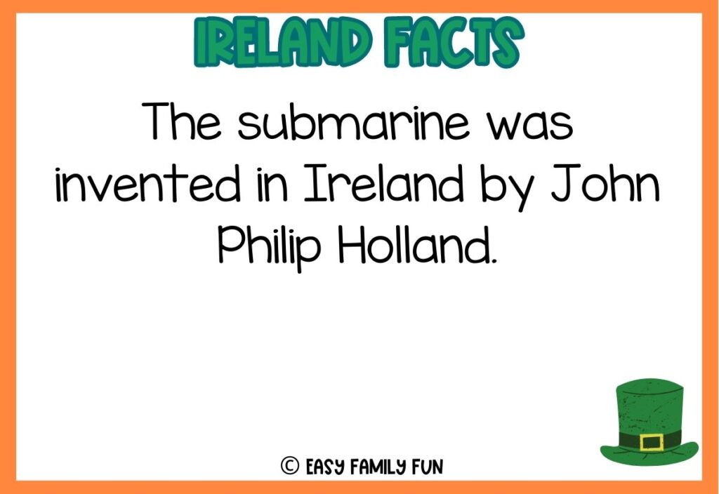 in post image with white background, orange border, bold green title stating "Ireland Facts", fact about ireland text, and an image of a green hat