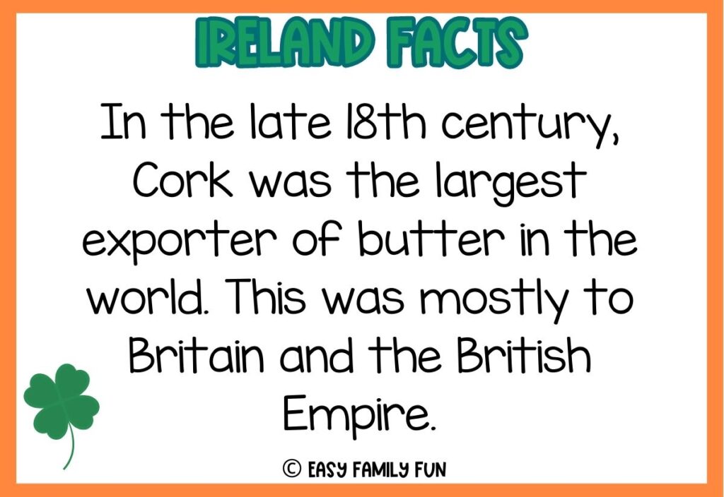 in post image with white background, orange border, bold green title stating "Ireland Facts", fact about ireland text, and an image of a  shamrock