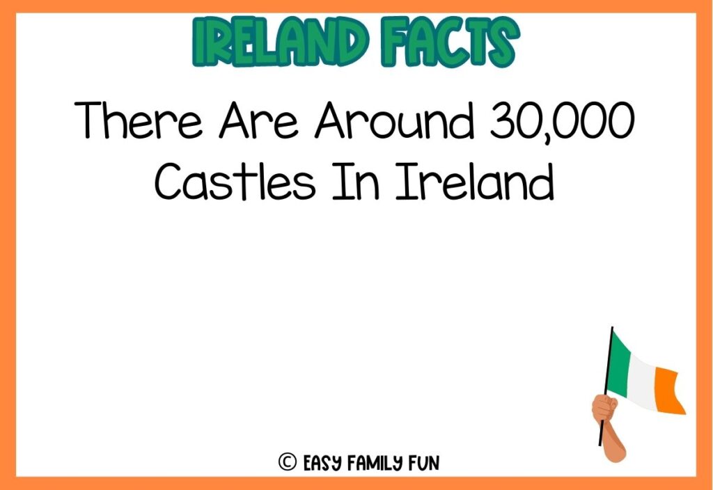 in post image with white background, orange border, bold green title stating "Ireland Facts", fact about ireland text, and an image of a hand holding an Irish Flag