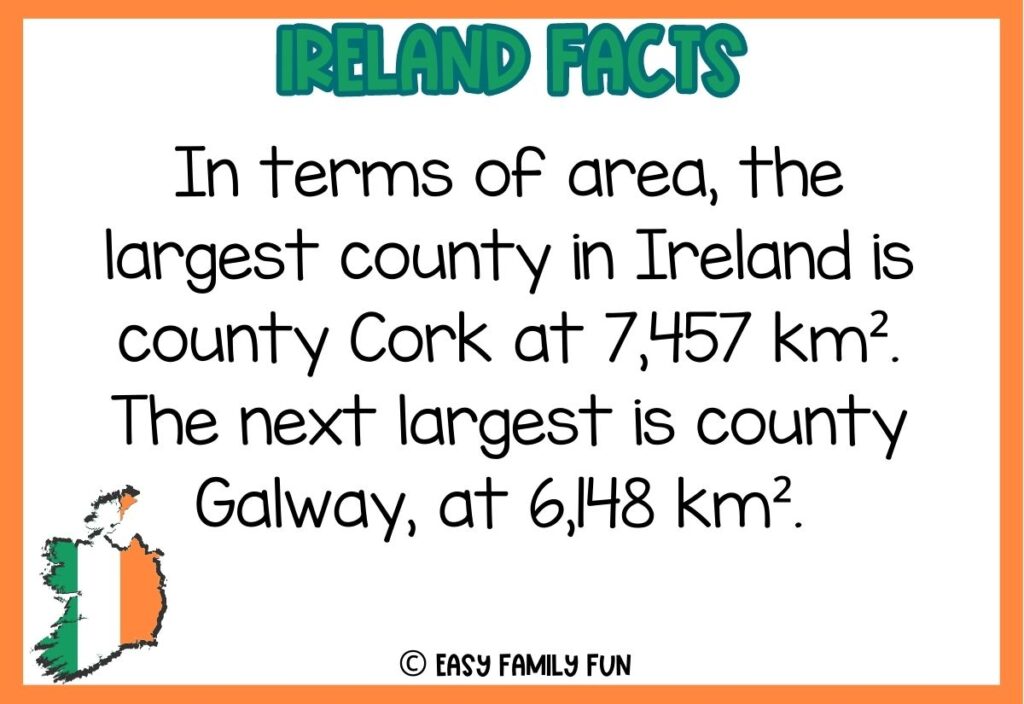 in post image with white background, orange border, bold green title stating "Ireland Facts", fact about ireland text, and an image of Ireland