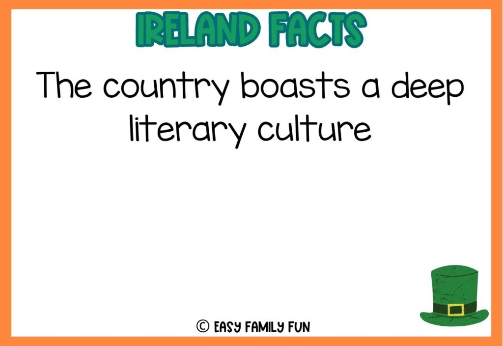 in post image with white background, orange border, bold green title stating "Ireland Facts", fact about ireland text, and an image of a green hat
