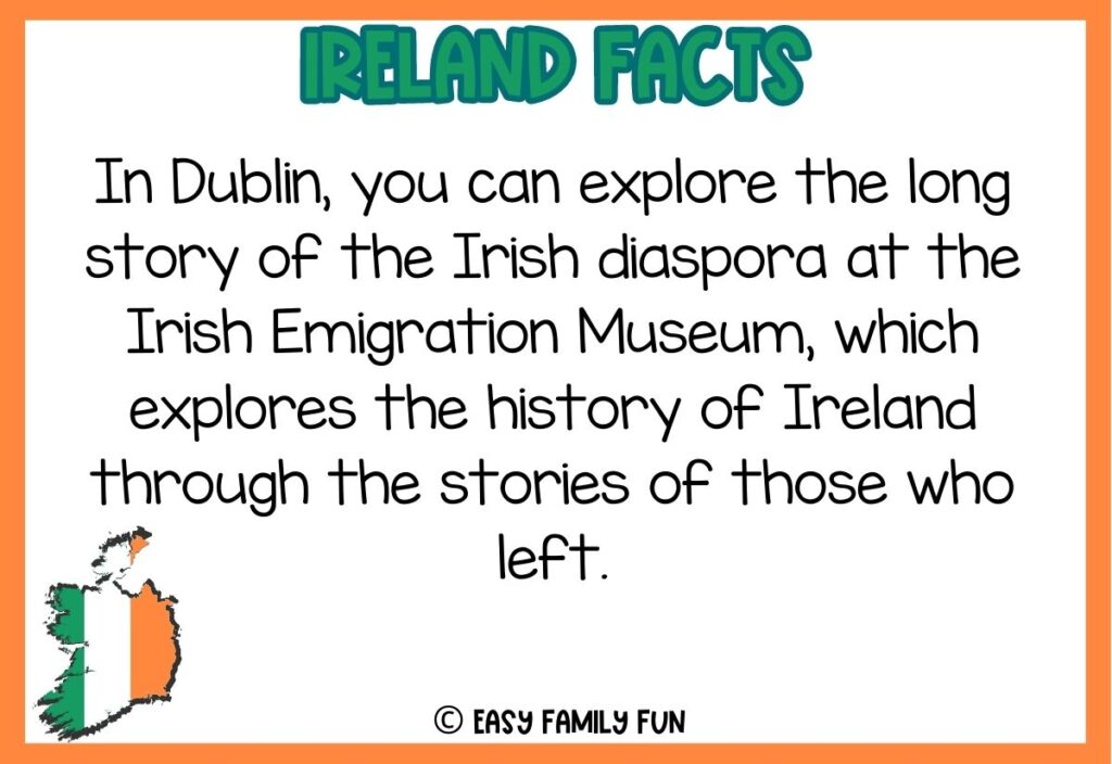 in post image with white background, orange border, bold green title stating "Ireland Facts", fact about ireland text, and an image of Ireland