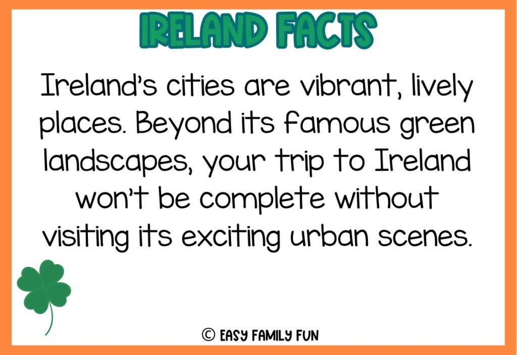 in post image with white background, orange border, bold green title stating "Ireland Facts", fact about ireland text, and an image of a shamrock