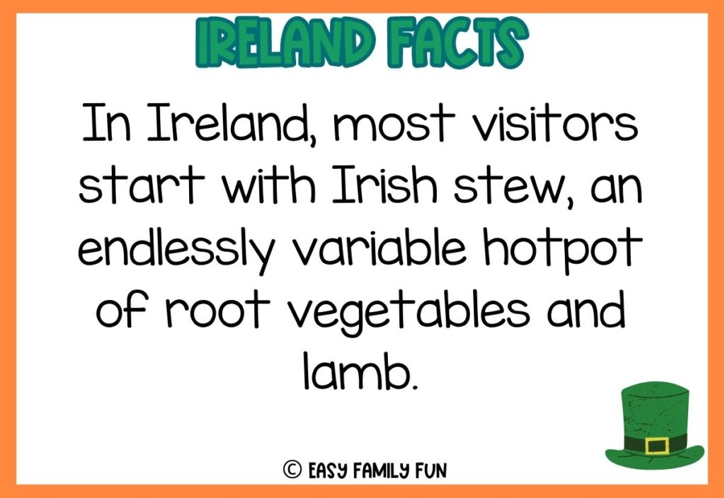 in post image with white background, orange border, bold green title stating "Ireland Facts", fact about ireland text, and an image of a green hat