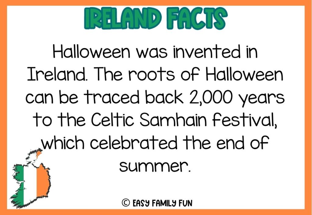 in post image with white background, orange border, bold green title stating "Ireland Facts", fact about ireland text, and an image of Ireland