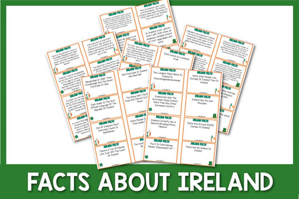 featured image with white background, green border, bold white title that says "Facts About Ireland" and images of fact sheets