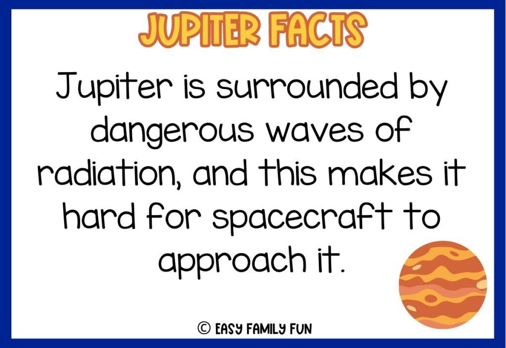 in post image with white background, dark blue border, bold yellow title stating "Jupiter Facts", text of Jupiter fact and an image of Jupiter. 