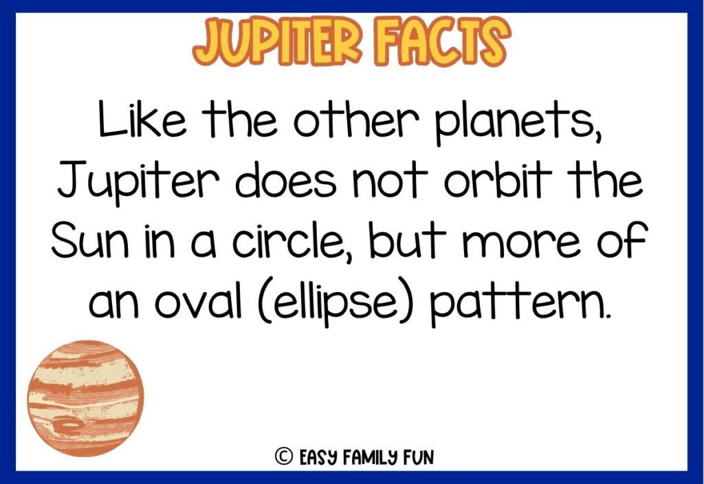 in post image with white background, dark blue border, bold yellow title stating "Jupiter Facts", text of Jupiter fact and an image of Jupiter. 