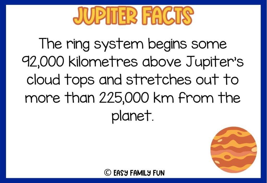 in post image with white background, dark blue border, bold yellow title stating "Jupiter Facts", text of Jupiter fact and an image of Jupiter. 