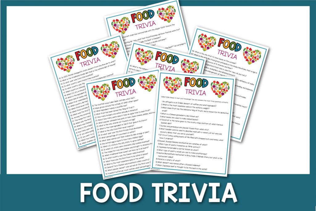 featured image with white background, teal border, bold white title stating "food trivia" and images of food trivia questions