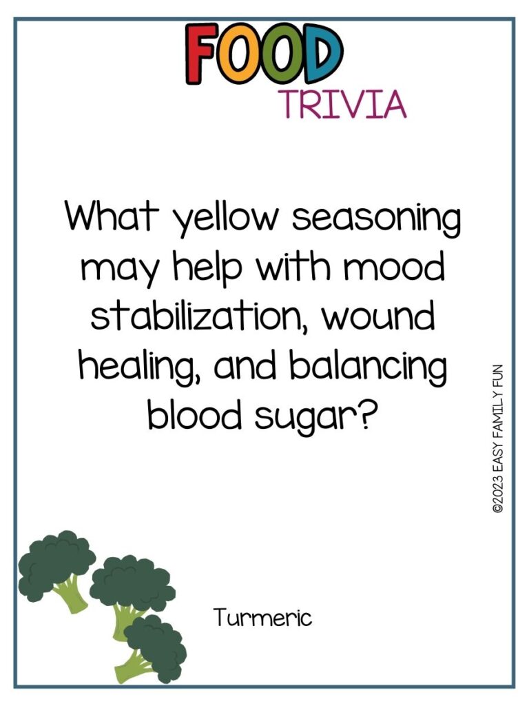 in post image with white background, blue border, bold title that states "Food Trivia", text of food trivia question, and an image of broccoli