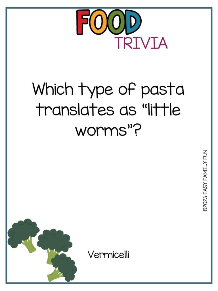 in post image with white background, blue border, bold title that states "Food Trivia", text of food trivia question, and an image of broccoli 