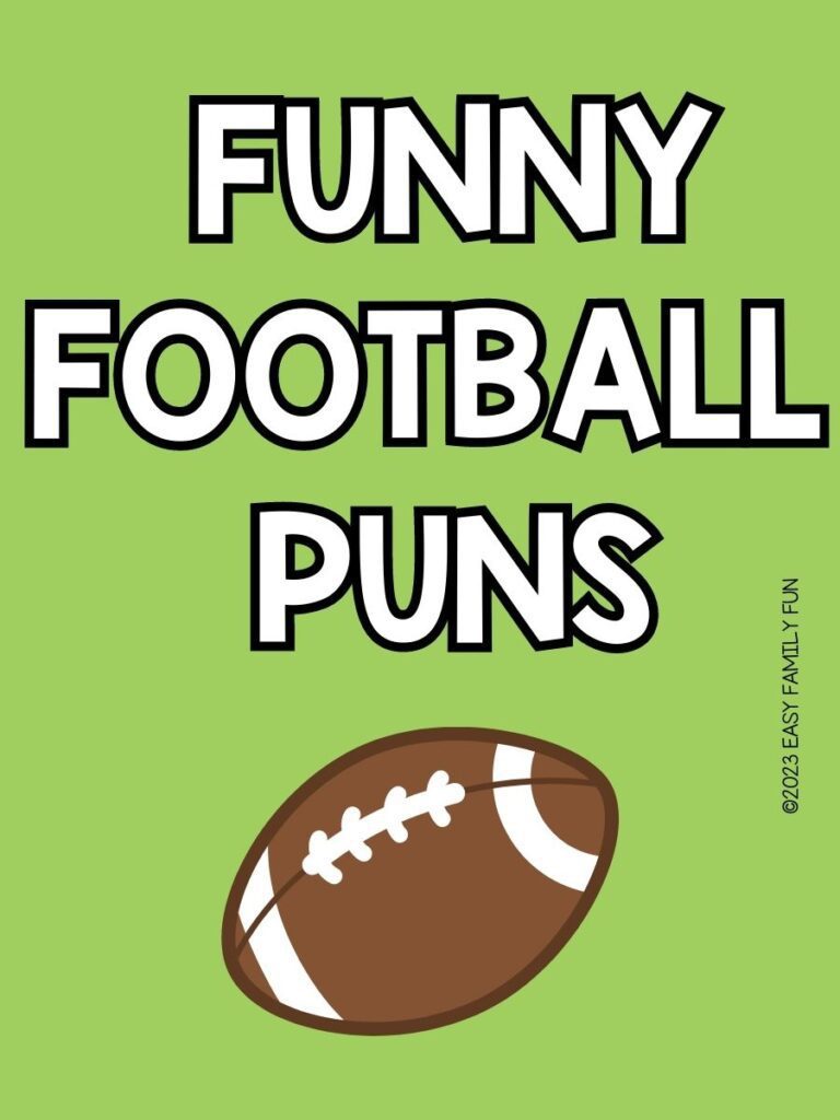 pin image with green background, bold white title stating "Funny Football Puns" and image of a football