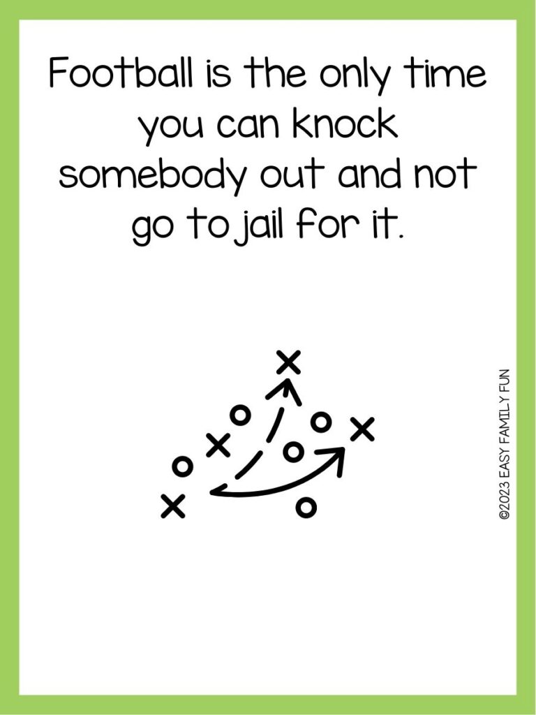 in post image with white background, green border, text of a football pun and an image of a football play