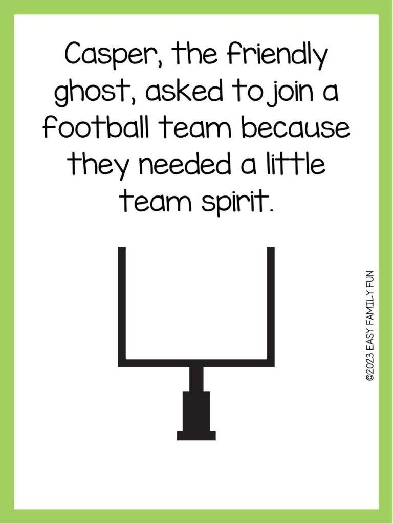 in post image with white background, green border, text of a football pun and an image of a football goal post