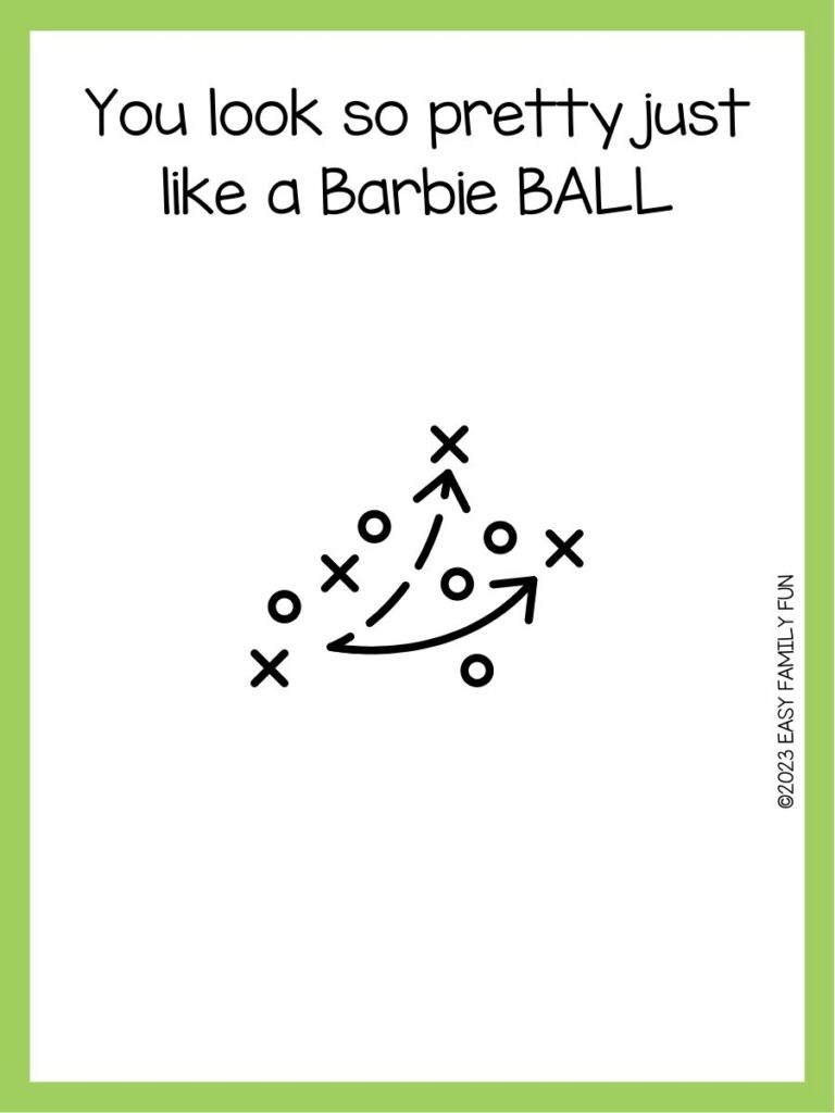in post image with white background, green border, text of a football pun and an image of a football play